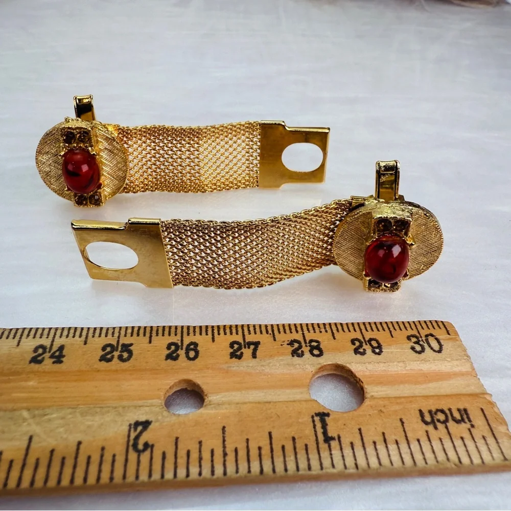 Vintage Goldtone and Red Mesh Mid Century Cuff Links